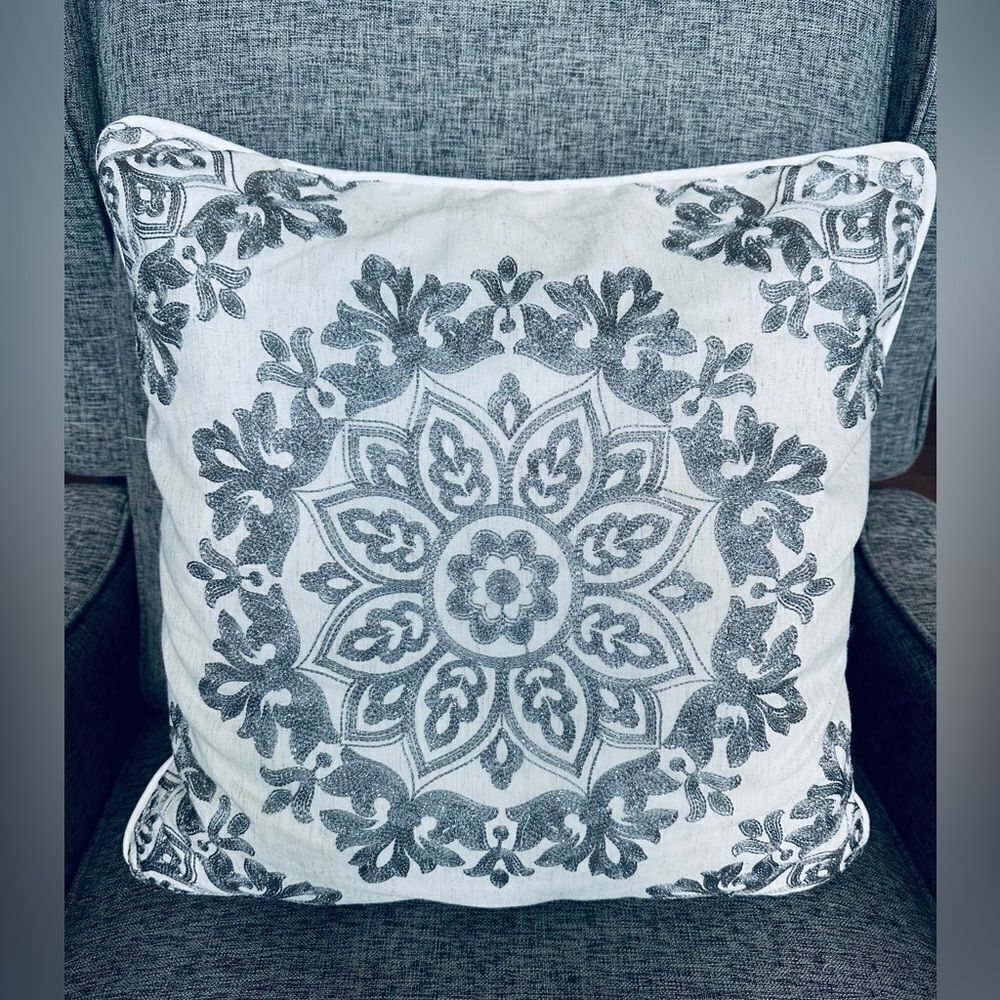 White Silver Gray Boho Medallion Large Throw Pillow
